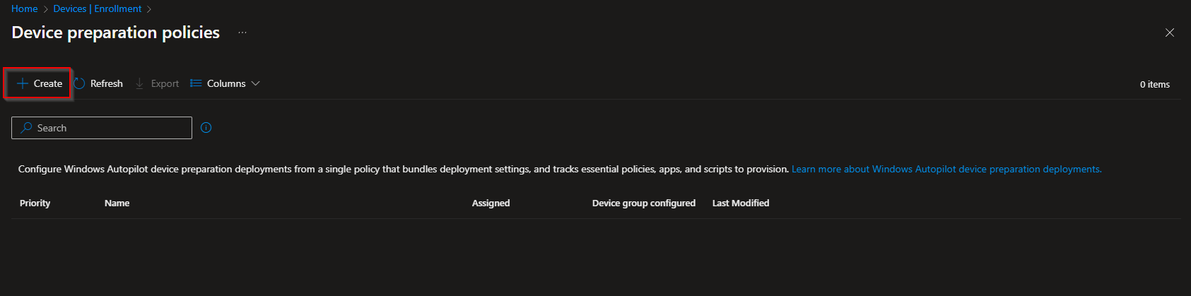 Navigating to Device preparation policies in Intune